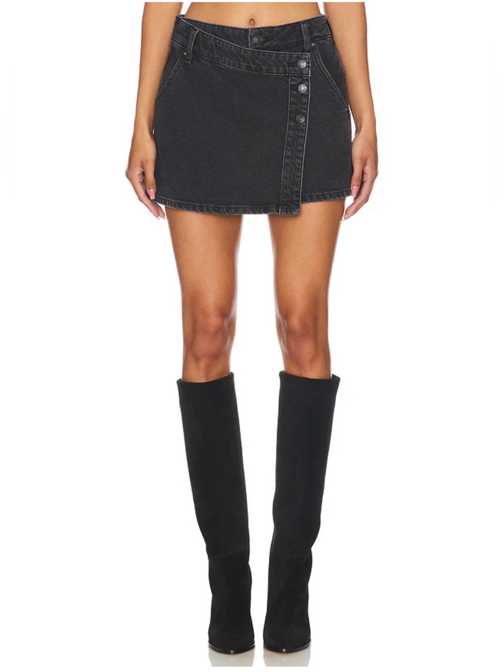 Free People We The Free Skirt 30 Black Wynne Denim Asymmetric Button Front Skirt